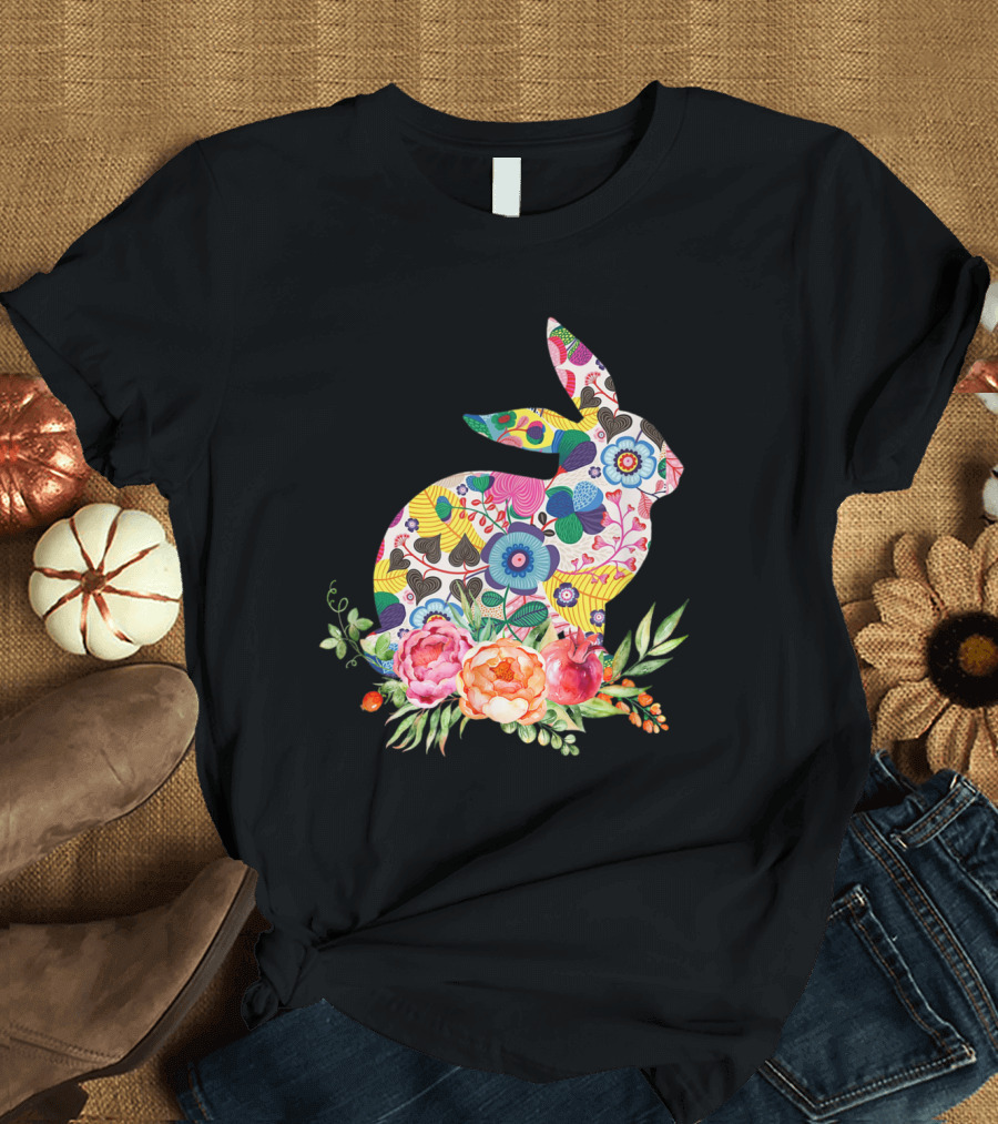 Bunny Leopard Print Floral Pattern With Colorful Flower Accents T-Shirt