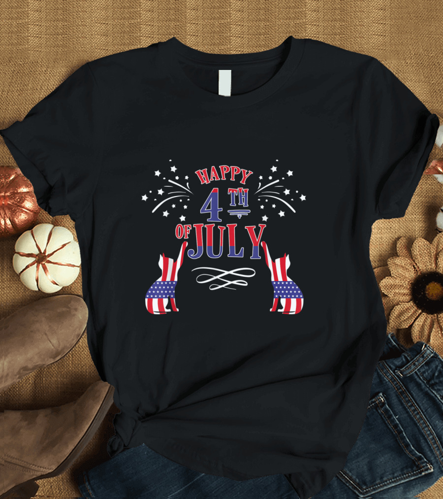 Happy 4th of July Two Cats American Flag Fireworks T-Shirt