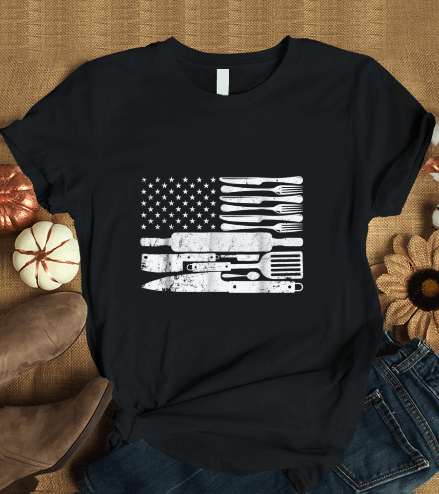 Happy Chef Cooking Utensils American Flag T-Shirt