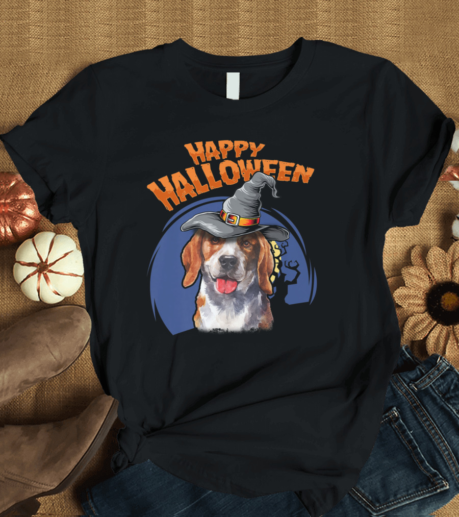 Happy Halloween Beagle Witch Hat Moon T-Shirt