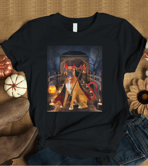 T-Shirt: Happy Halloween Boxer Lover Funny Devil Boxer Dog with Pumpkin and Candles T-Shirt Happy Halloween Boxer Lover Funny Devil Boxer Dog with Pumpkin and Candles T-Shirt