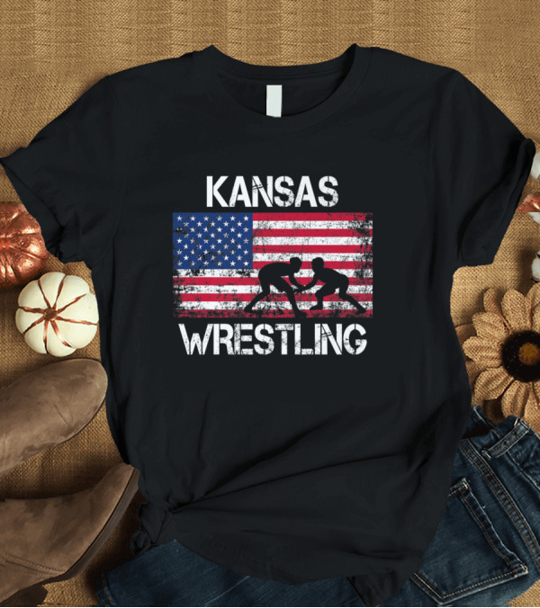 T-Shirt: Kansas Wrestling with American Flag T-Shirt Kansas Wrestling with American Flag T-Shirt