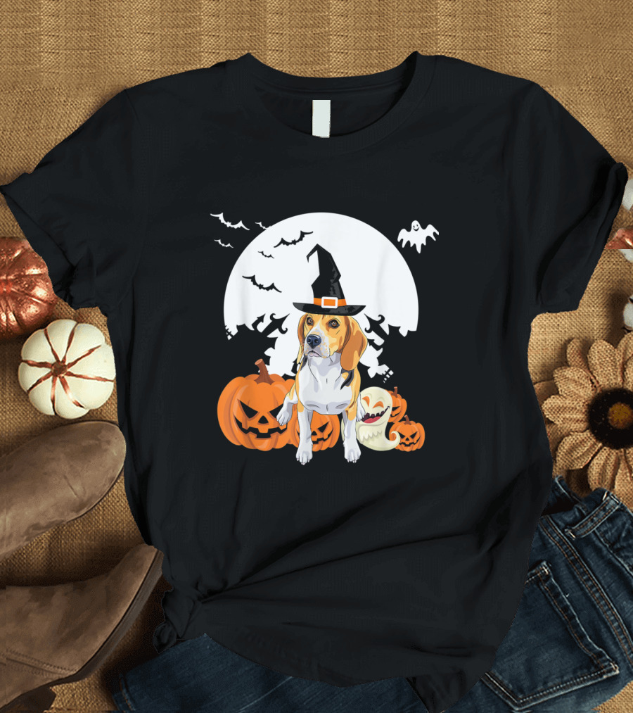 Happy Halloween Little Witch Beagle Pumpkins Full Moon Ghosts Bats T-Shirt