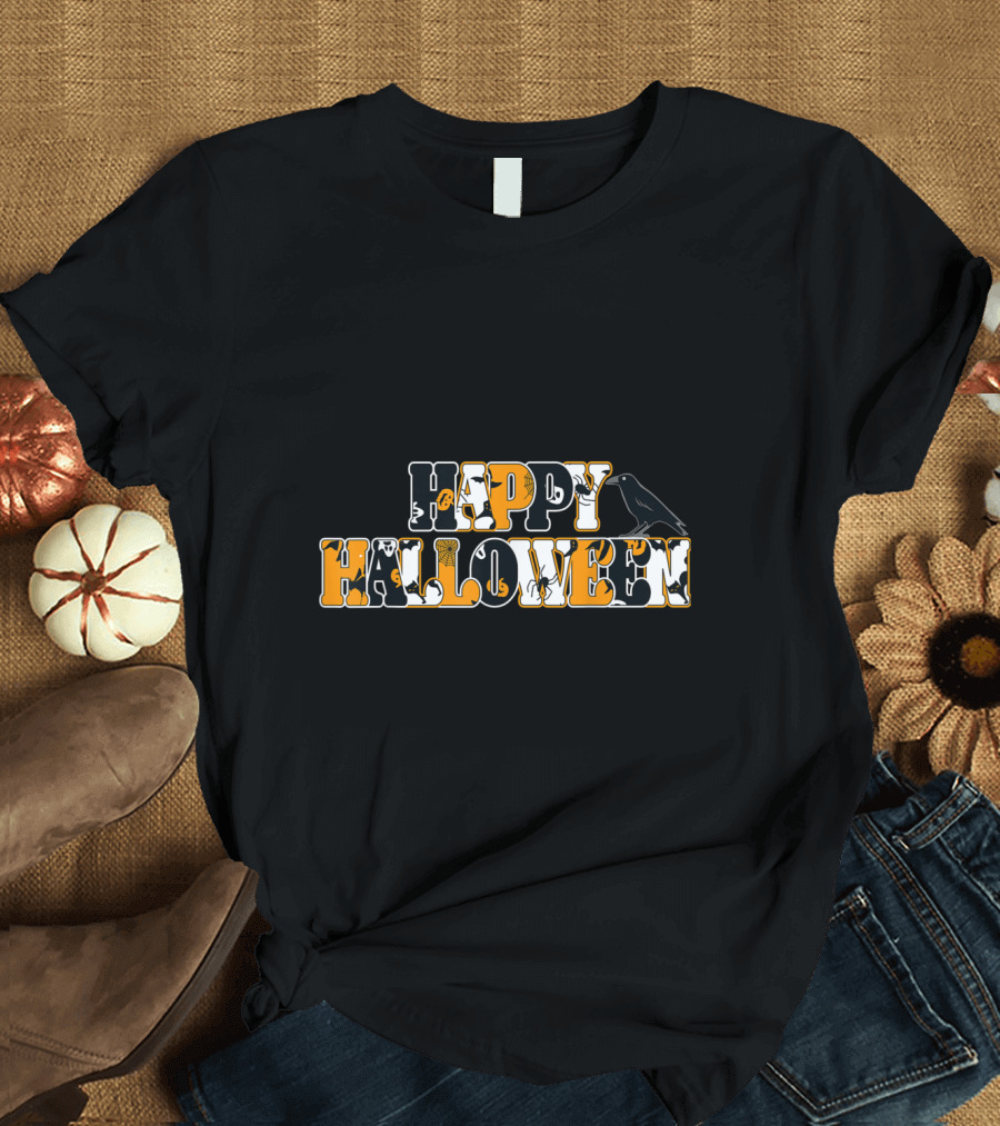 Happy Halloween Crow and Spooky Elements T-Shirt