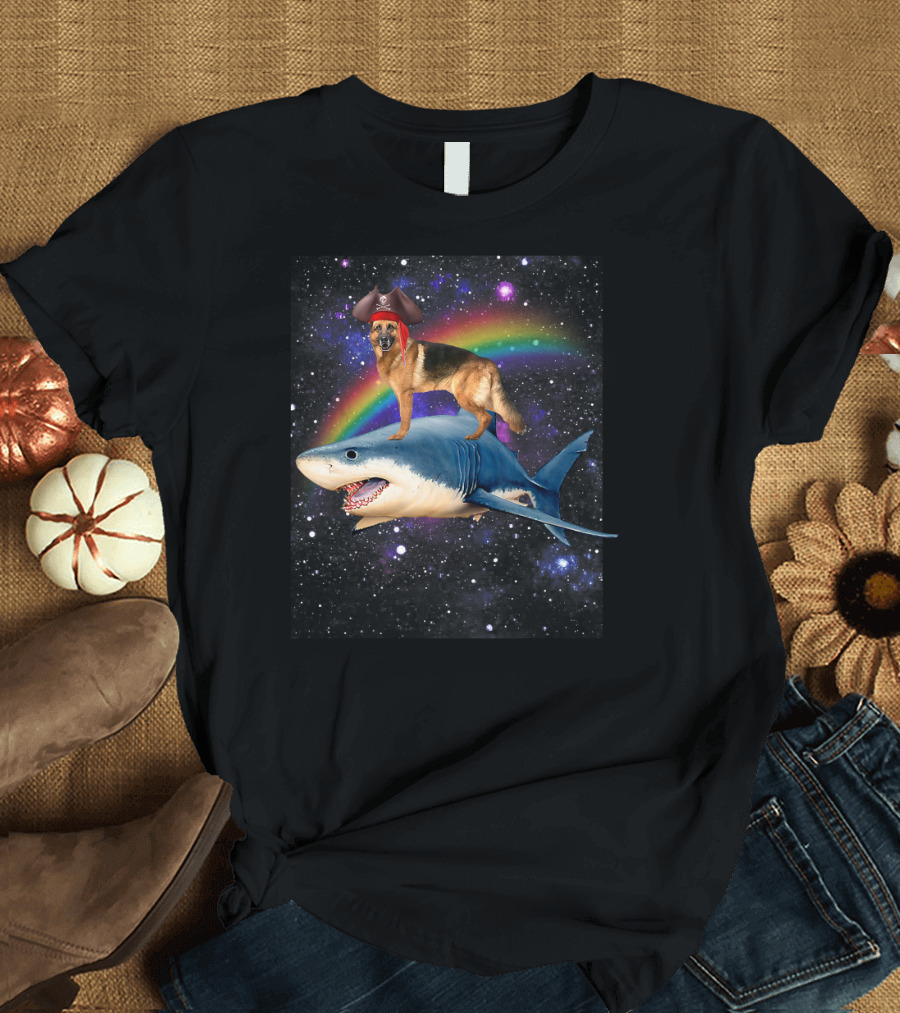 Space Pirate German Shepherd on Shark with Rainbow in Galaxy T-Shirt