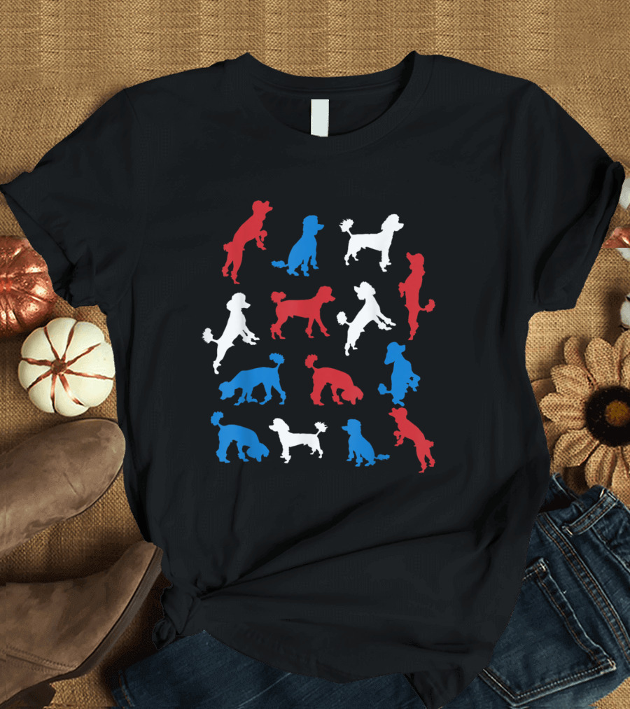 Patriotic Poodle Silhouettes in Red White Blue USA Flag Colors T-Shirt