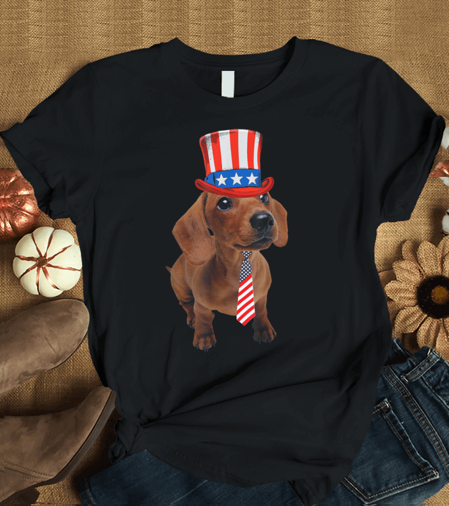 Dachshund Patriotic Dog in Stars and Stripes Top Hat and Tie T-Shirt