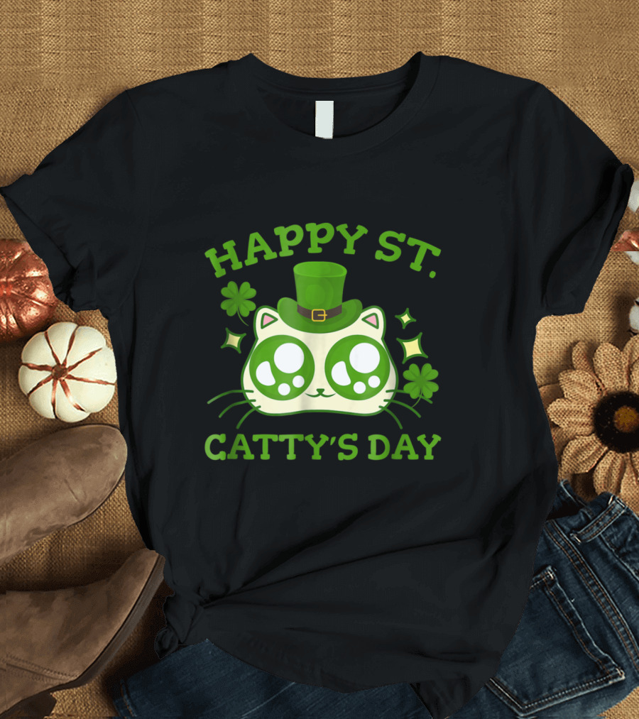 Happy St. Catty's Day St Patricks Funny Cat Lucky Shamrock Pawprints T-Shirt