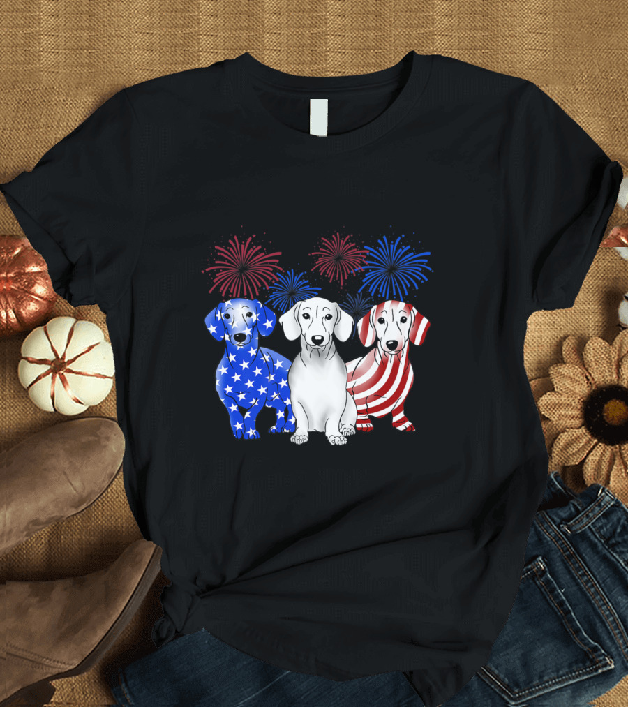 Dachshund Dog Patriotic Stars Stripes American Flag Fireworks T-Shirt