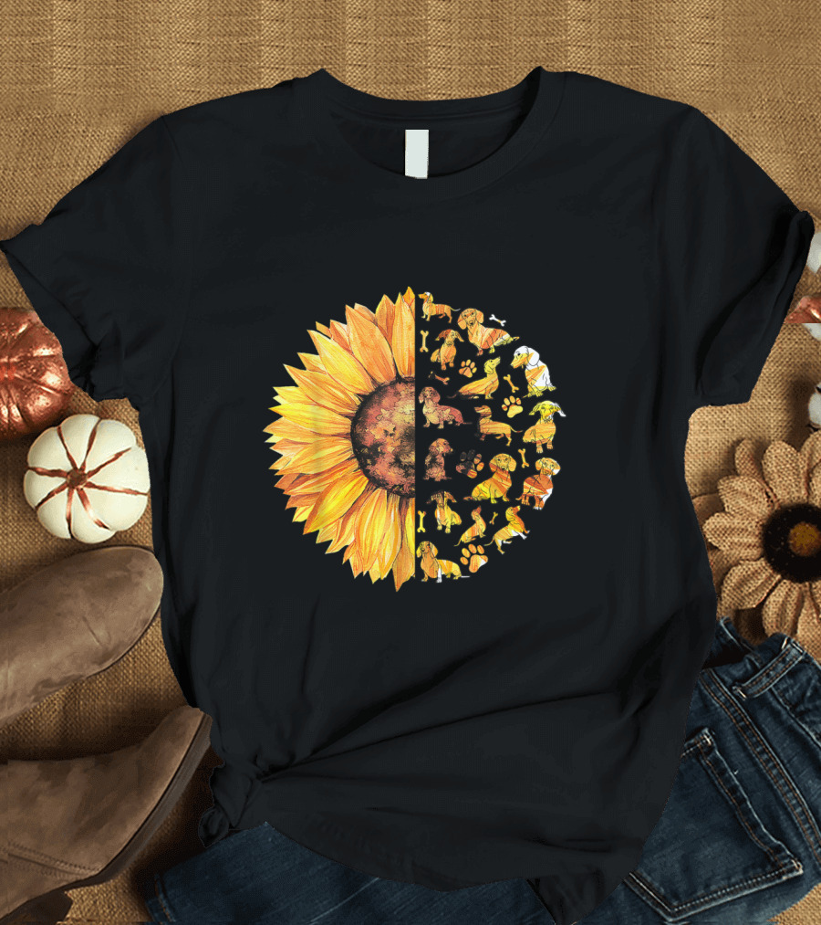 Dachshund Dog Hippie Sunflower Paws Bones Half Circle T-Shirt