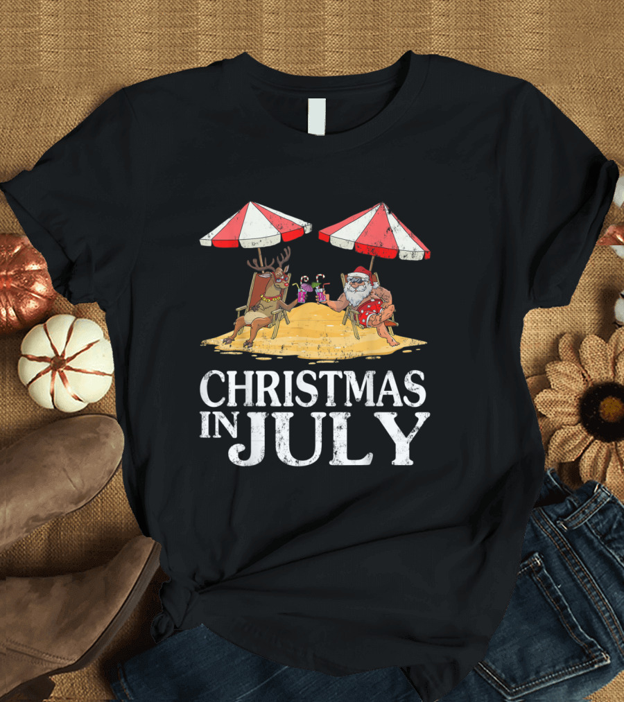 Christmas in July Santa and Reindeer Hawaiian Summer Party T-Shirt