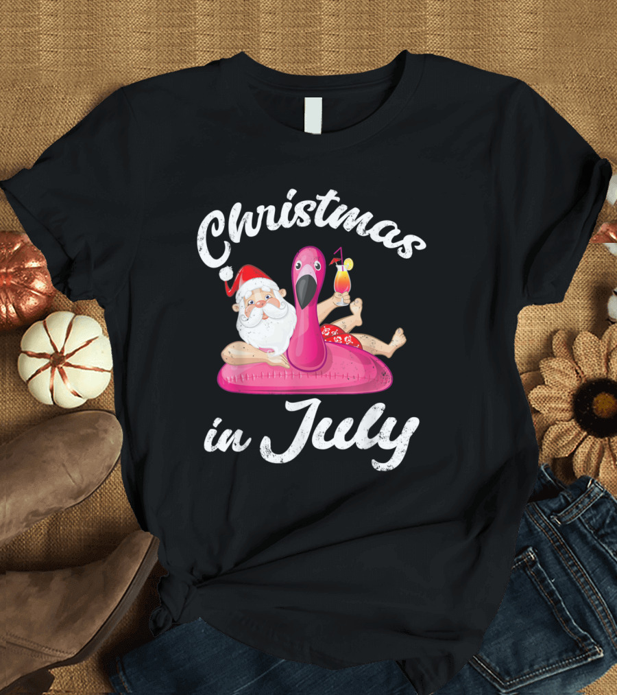 Christmas in July Hawaiian Summer Santa Inflatable Flamingo T-Shirt