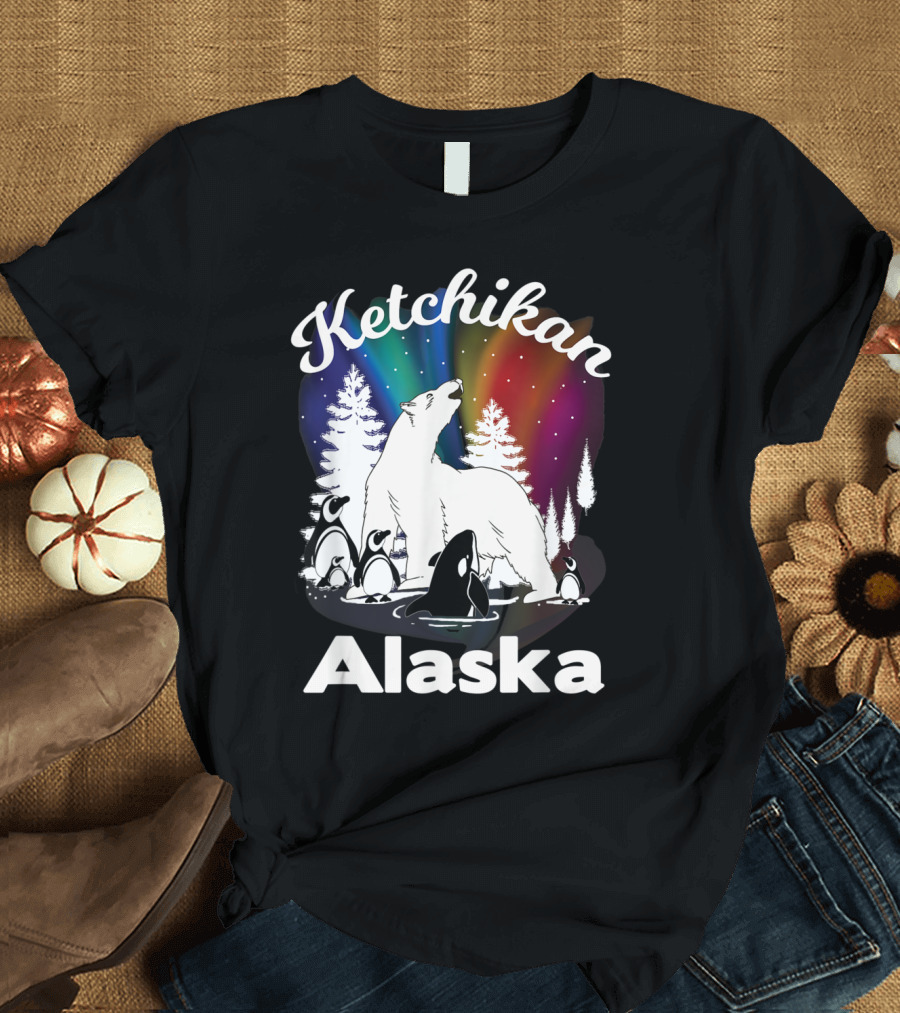 Ketchikan Alaska Polar Bear Orca Penguins Aurora Borealis T-Shirt