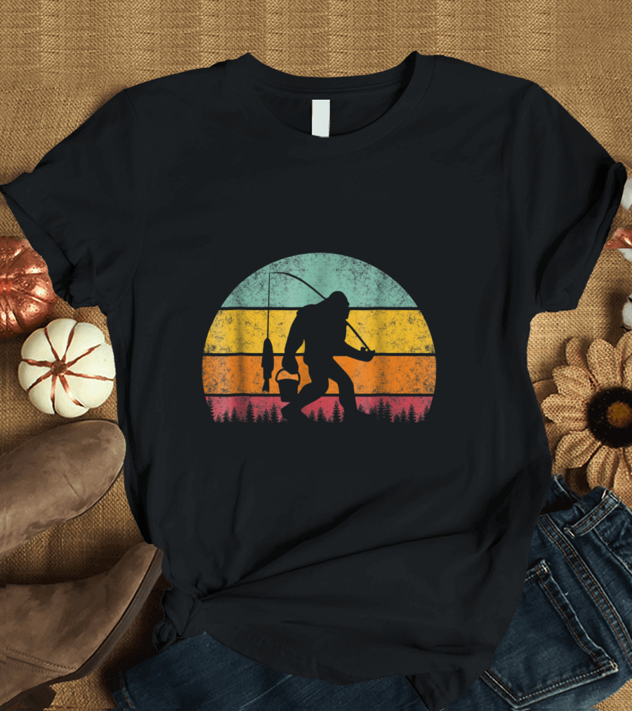 Bigfoot Fishing at Sunset with Retro Stripes T-Shirt