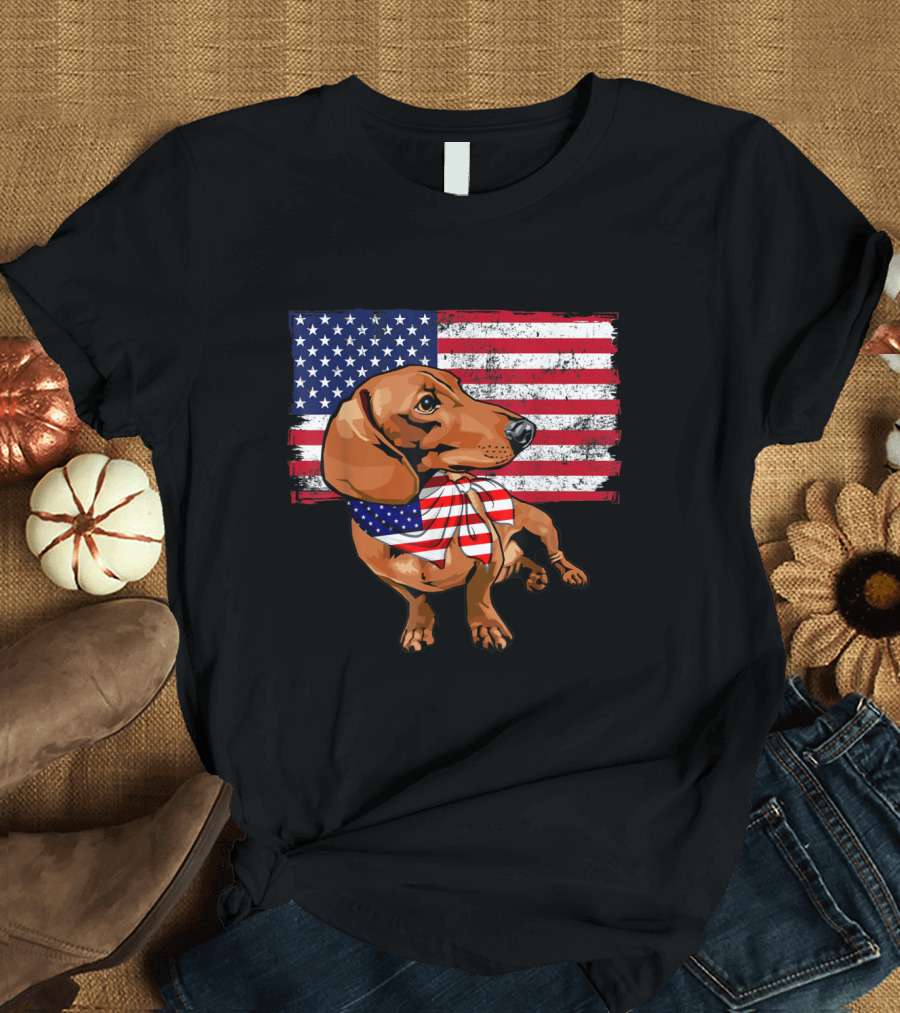 Dachshund Dog with American Flag and Bandana USA Patriotic T-Shirt