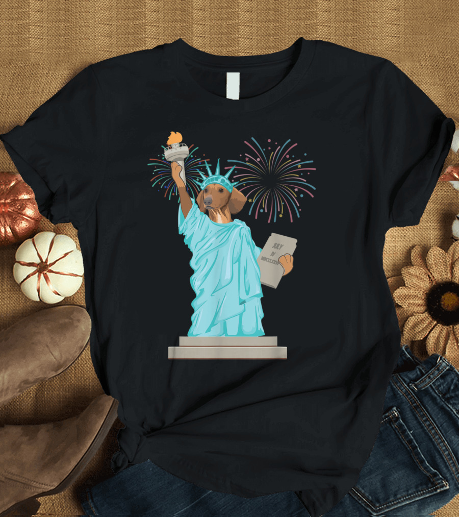 Dachshund Statue Of Liberty Independence Day Fireworks T-Shirt