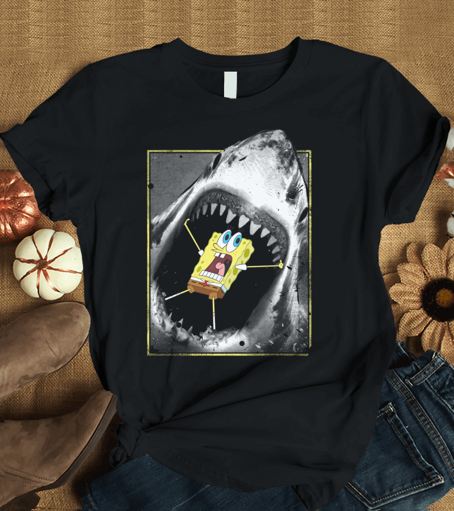 Spongebob Squarepants Inside Shark Mouth Cartoon Image T-Shirt