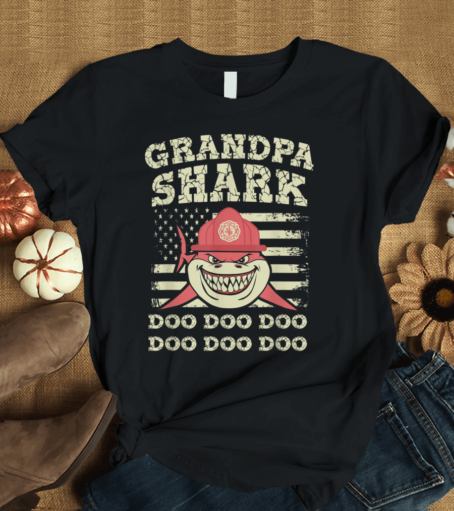 Grandpa Shark Firefighter Doo Doo Doo American Flag T-Shirt