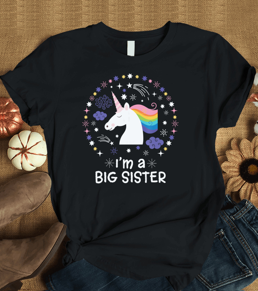 Unicorn I'm a Big Sister with Stars and Rainbow Mane T-Shirt