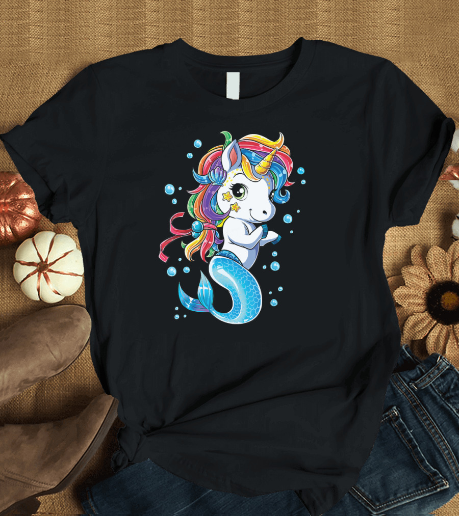 Unicorn Mermaid Rainbow Star Bubbles Mermicorn Girls T-Shirt