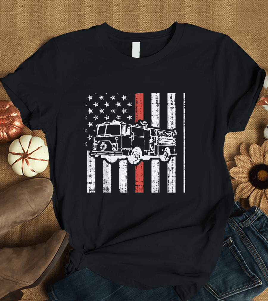American Flag Firefighter Engine Truck Thin Red Line T-Shirt