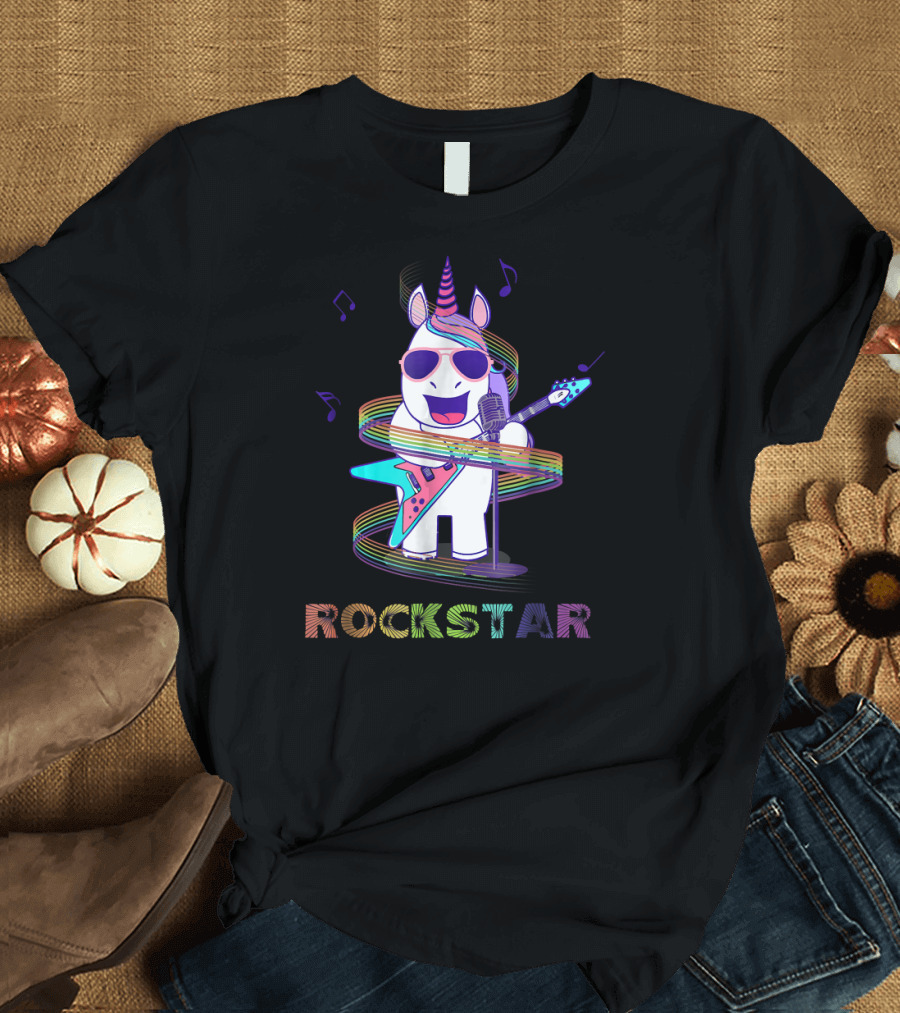 Rockstar Unicorn with Electric Guitar and Microphone Music Notes T-Shirt