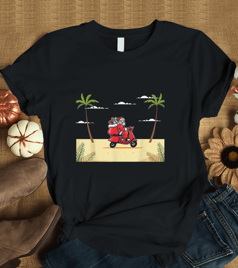 Funny Santa Riding Motorcycle on Tropical Beach T-Shirt
