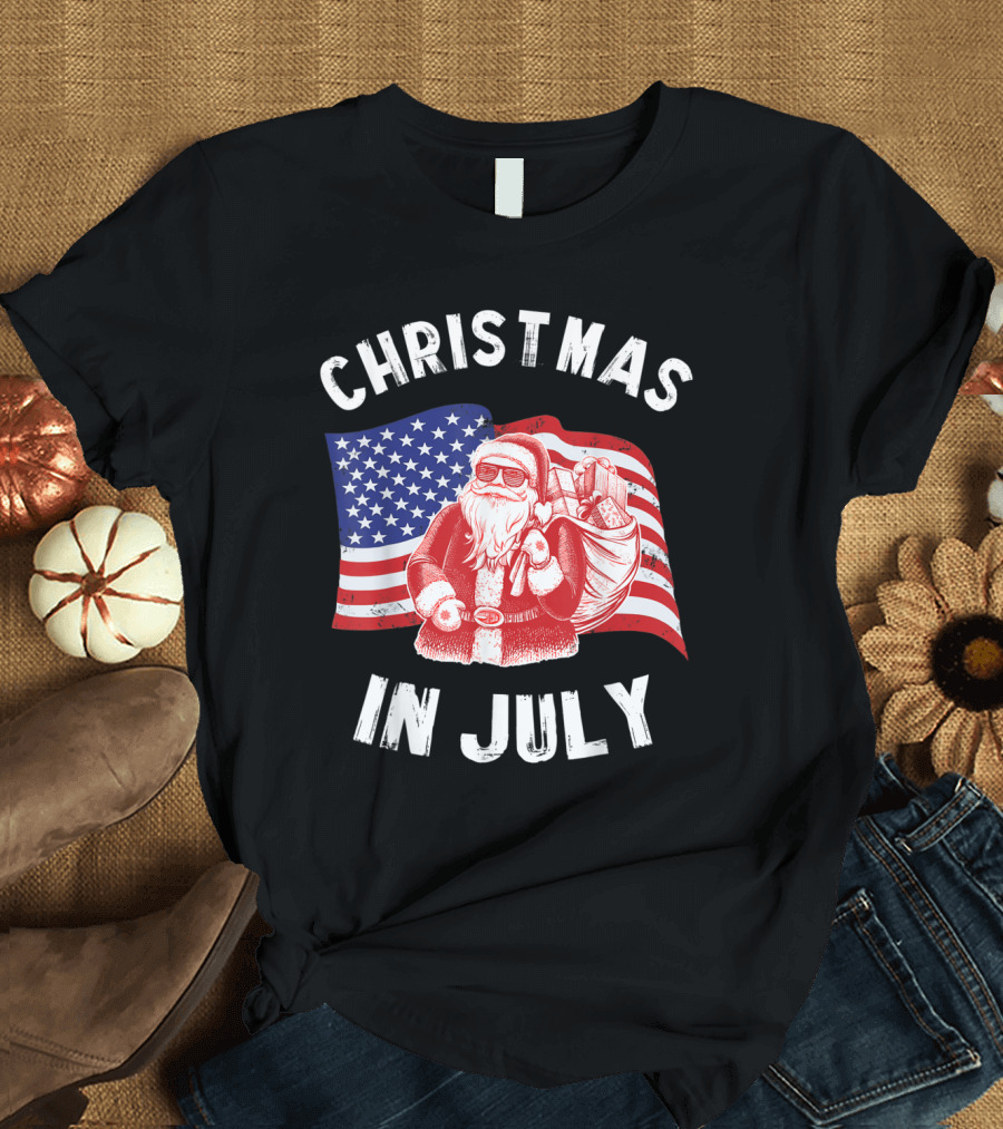 Christmas In July Funny Santa US Flag T-Shirt