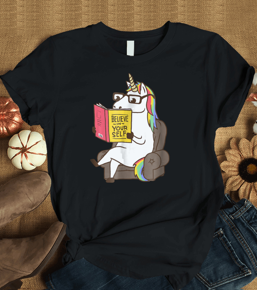 Unicorn Reading Believe in Yourself Book with Glasses T-Shirt