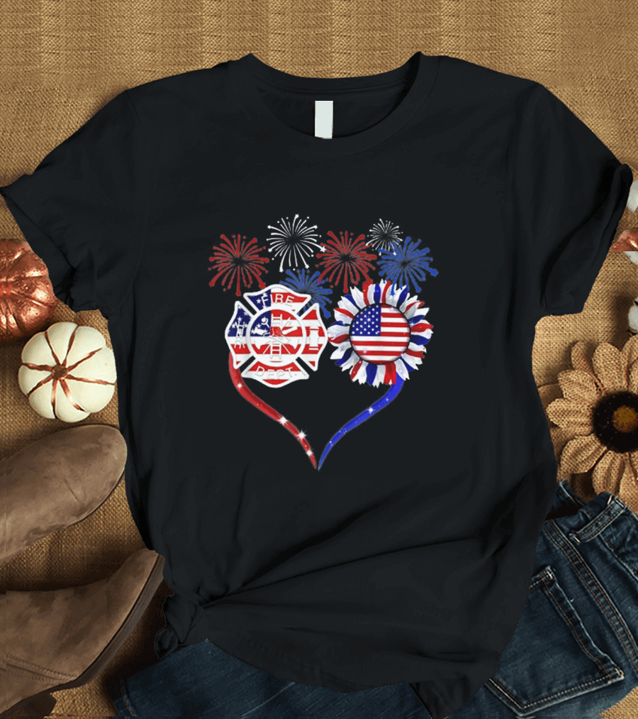 Firefighter Fire Dept Sunflower Heart American Flag Love 4th of July Fireworks T-Shirt