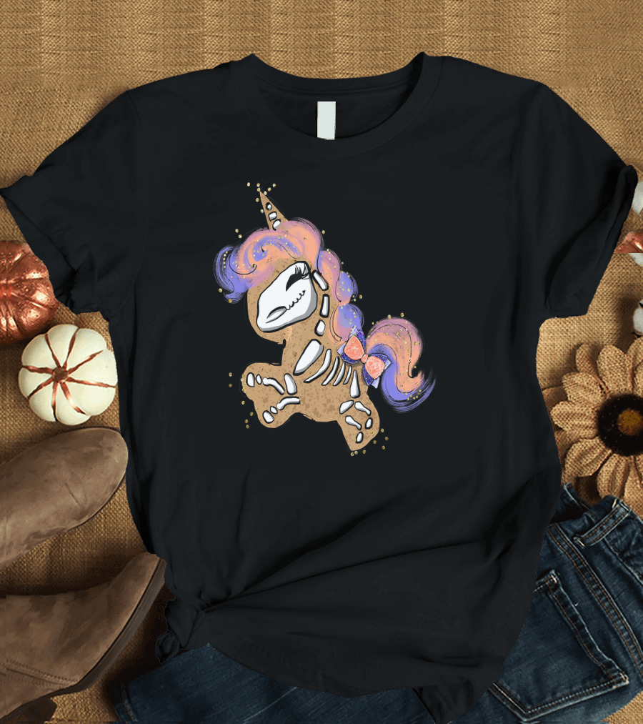 Unicorn Skeleton Fossil Cookie-Inspired Design with Rainbow Hair and Bow T-Shirt