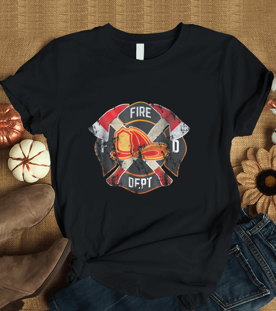 Firefighter Fireman Fire Dept Maltese Cross Helmet Axes T-Shirt