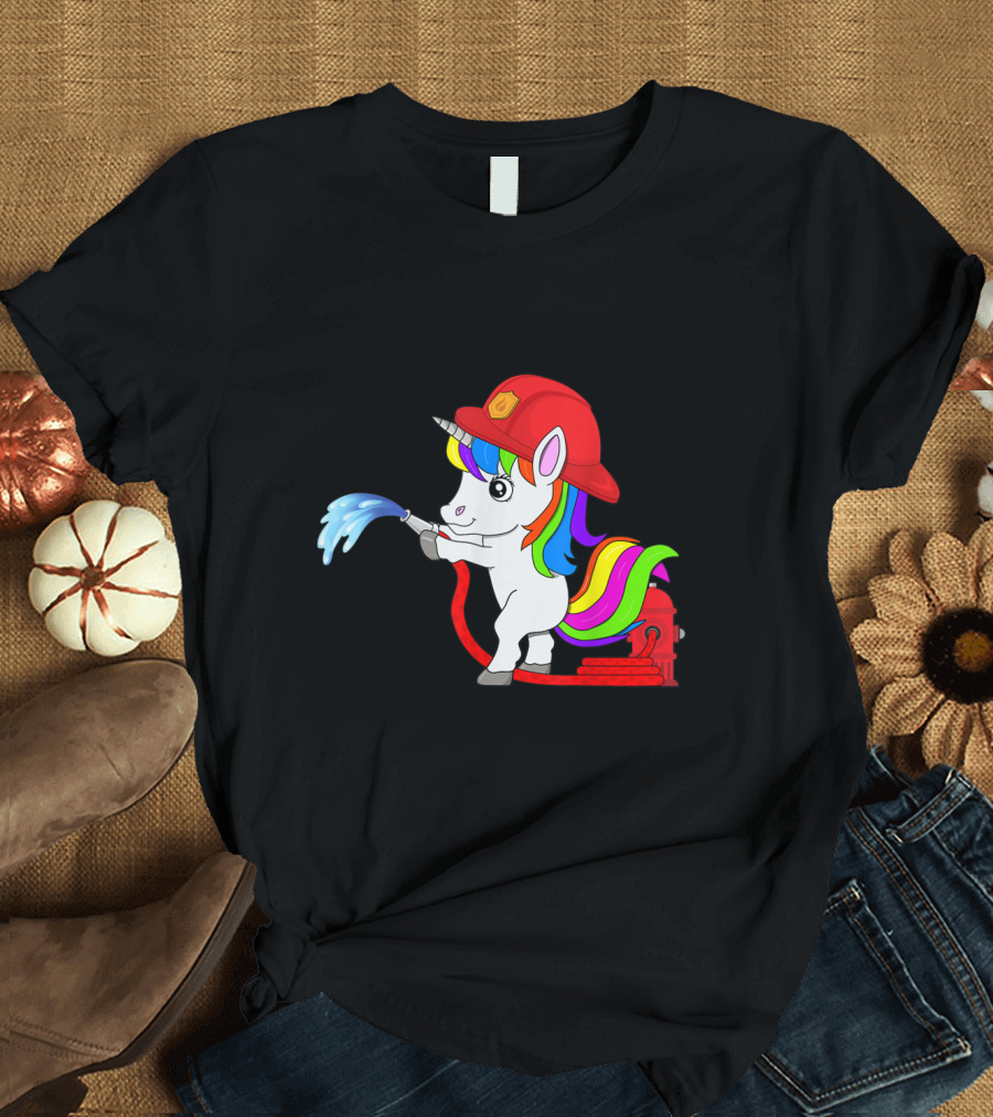 Firefighter Unicorn with Rainbow Mane and Fire Hose T-Shirt