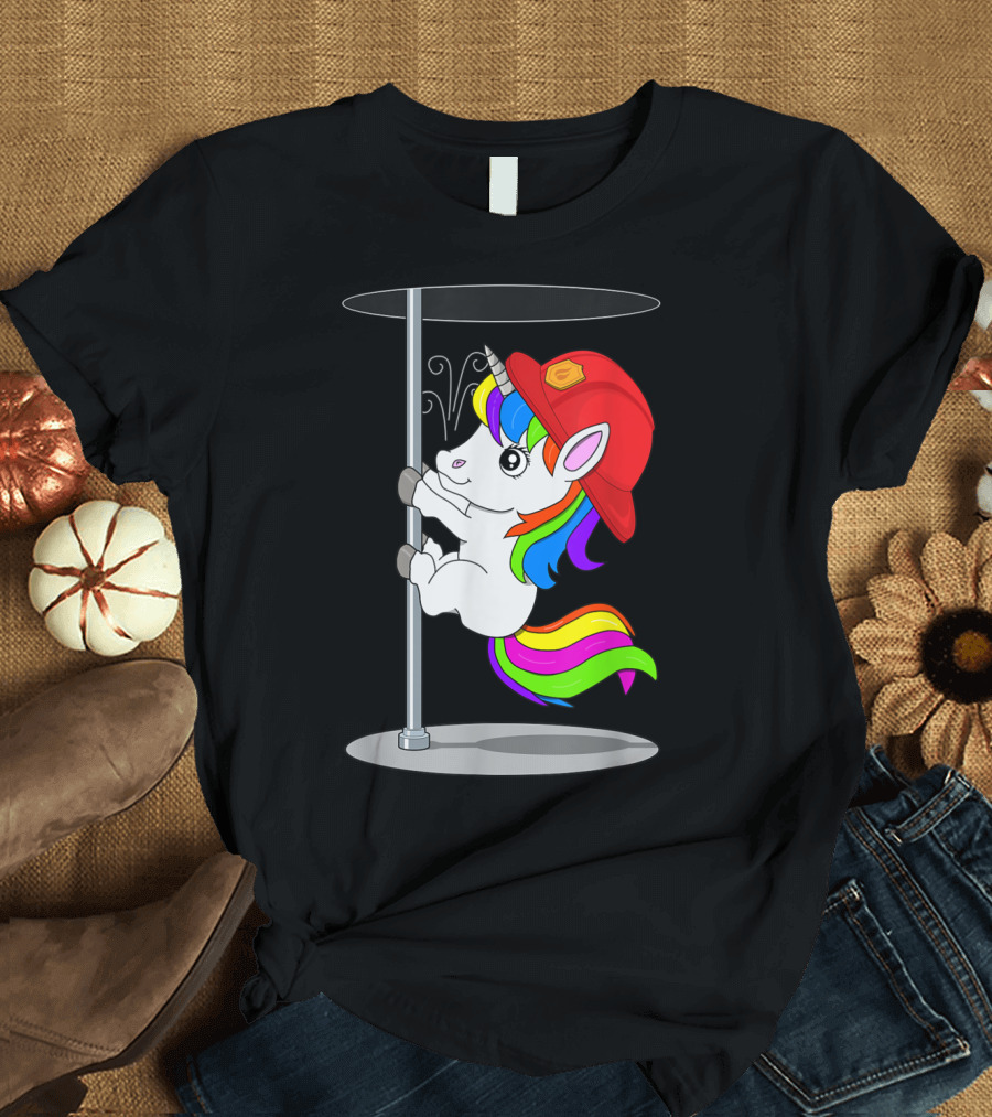 Firefighter Unicorn Sliding Down Fire Pole Rainbow Helmet T-Shirt