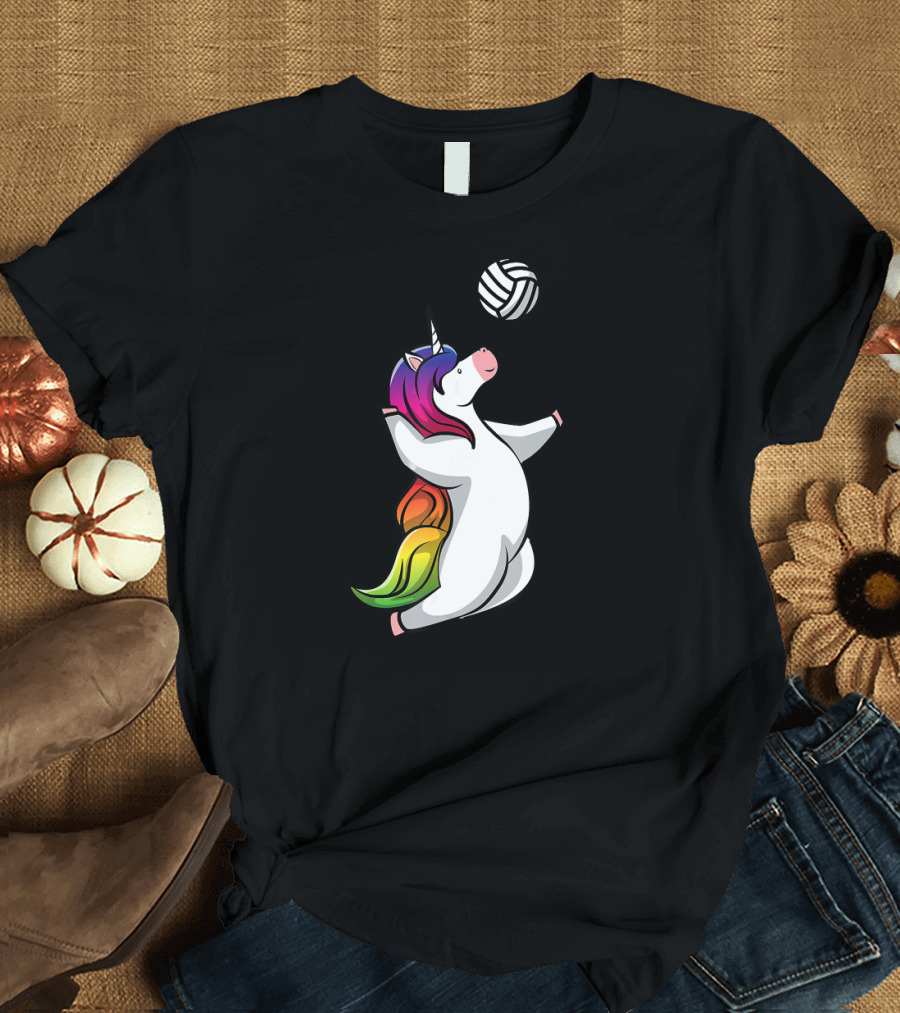 Unicorn Volleyball Funny and Cute Sports Illustration with Rainbow Mane T-Shirt