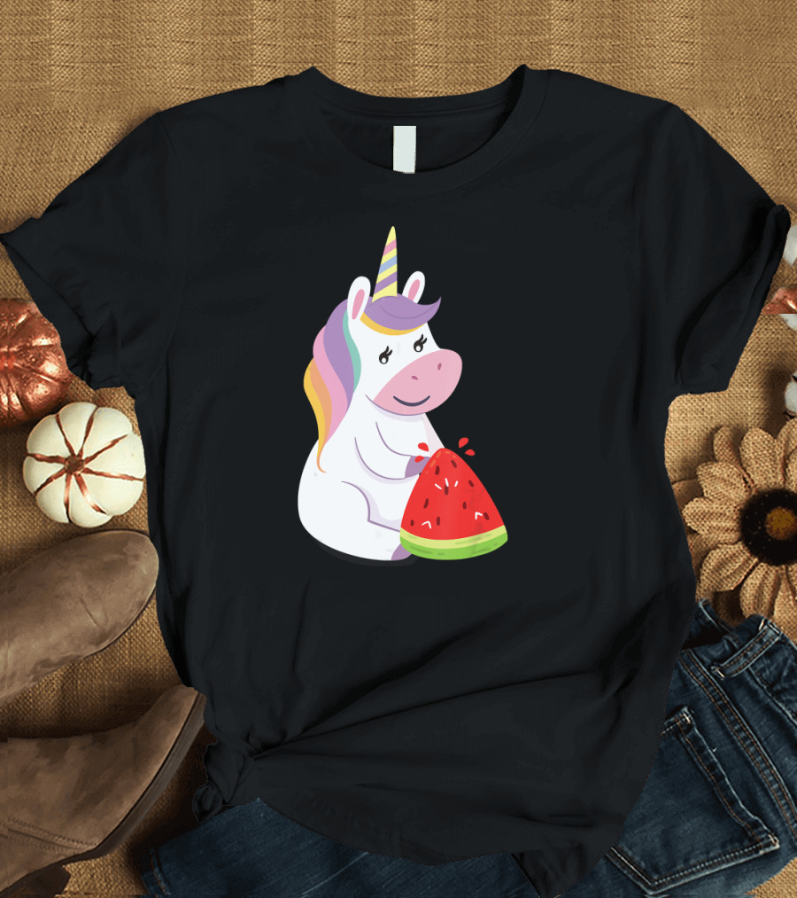 Unicorn Watermelon Lover with Rainbow Mane Eating Slice T-Shirt