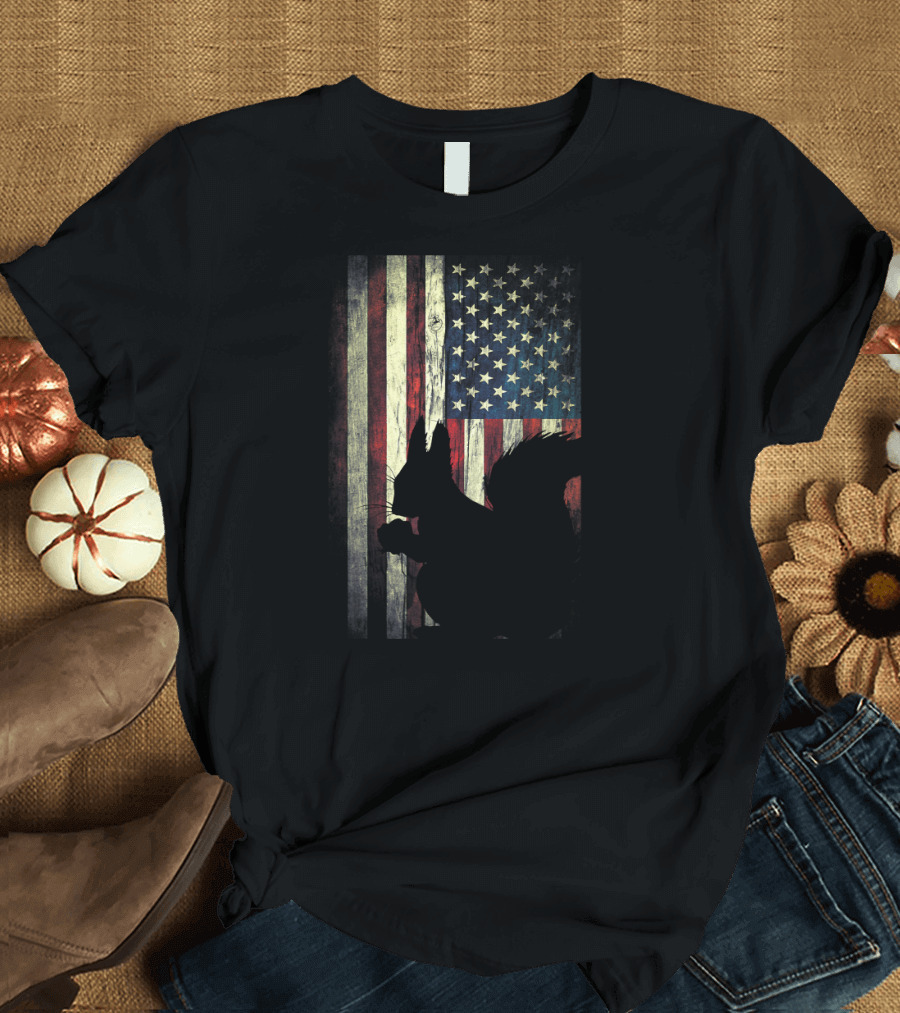 Squirrel Silhouette with American Flag USA Patriotic T-Shirt