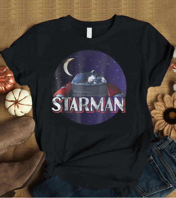 T-Shirt: Starman Space Roadster with Astronaut Under Moonlit Starry Sky T-Shirt Starman Space Roadster with Astronaut Under Moonlit Starry Sky T-Shirt