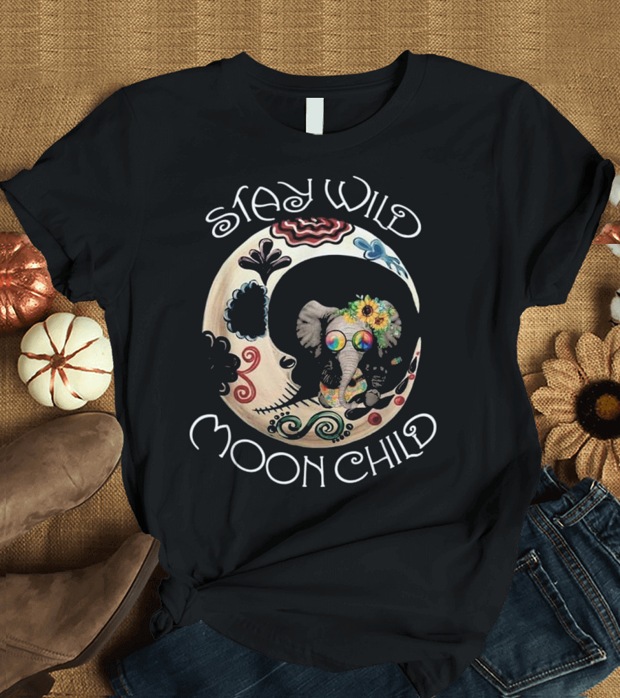Stay Wild Moon Child Bohemian Elephant with Psychedelic Floral T-Shirt