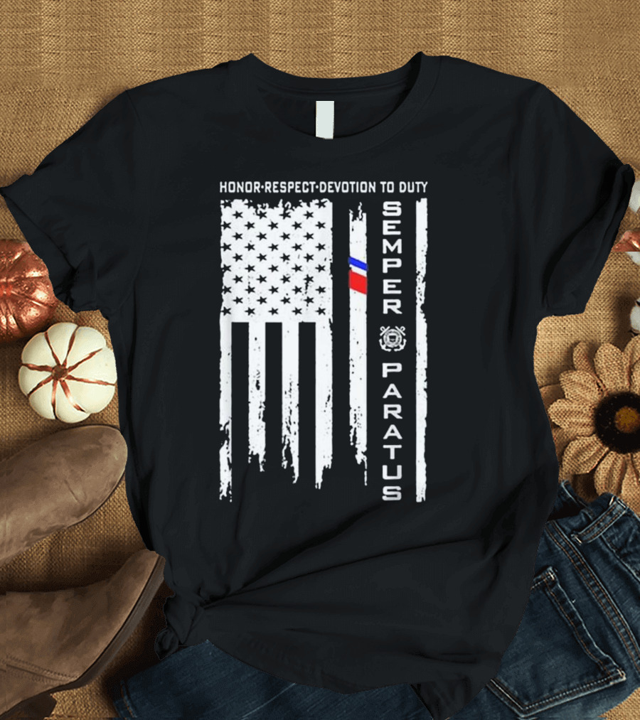 Honor Respect Devotion to Duty US Coast Guard American Flag Semper Paratus T-Shirt