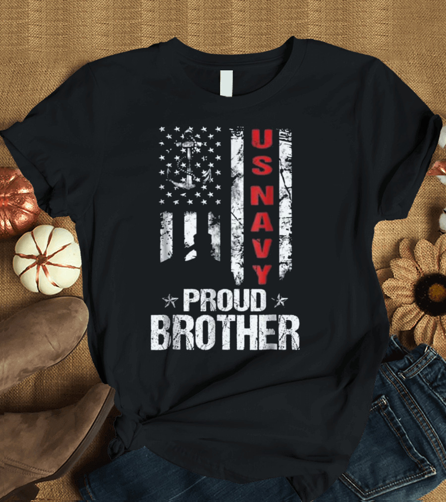 US Navy Proud Brother American Flag Veteran Anchors and Stripes T-Shirt