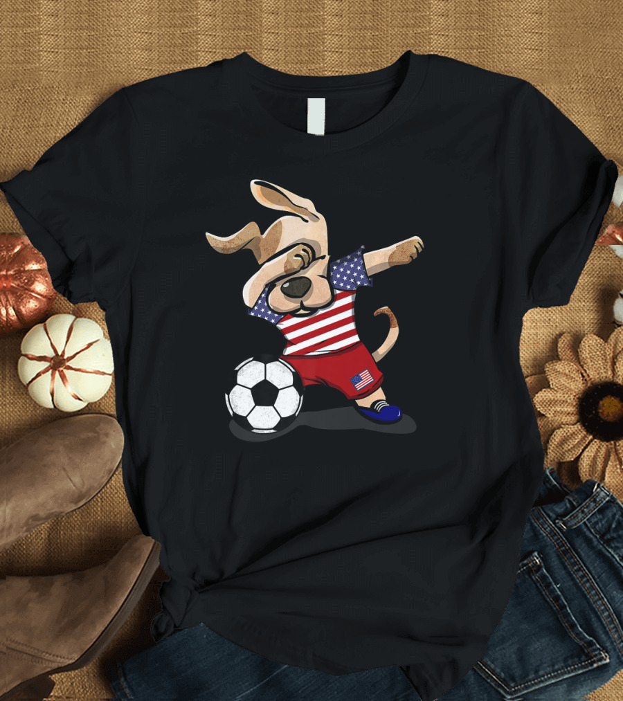 USA Dog Dabbing Soccer Boy American Flag Footballer United States T-Shirt