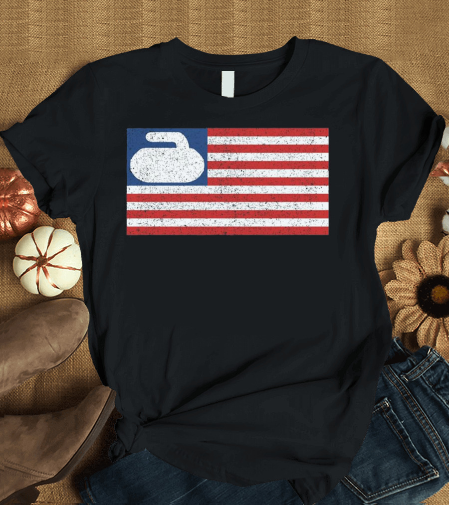 USA Flag with Curling Stone T-Shirt