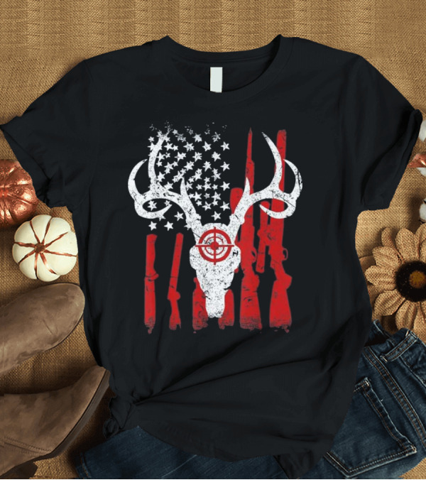 T-Shirt: USA Red White Vintage American Deer Hunting Flag T-Shirt USA Red White Vintage American Deer Hunting Flag T-Shirt