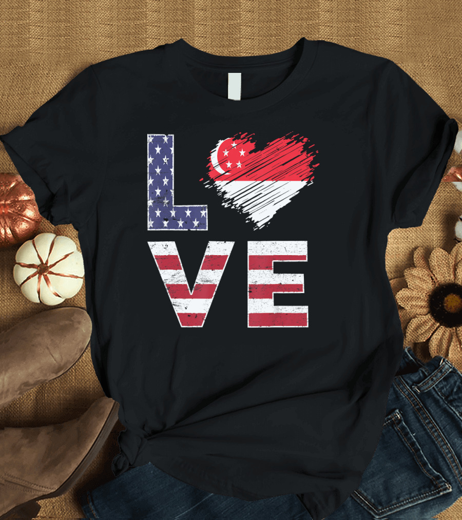 USA Singapore Flag Heart Love Singaporean Am T-Shirt