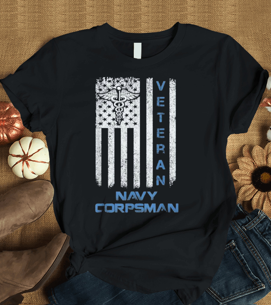 Veteran Navy Corpsman USA Flag Caduceus Vintage T-Shirt