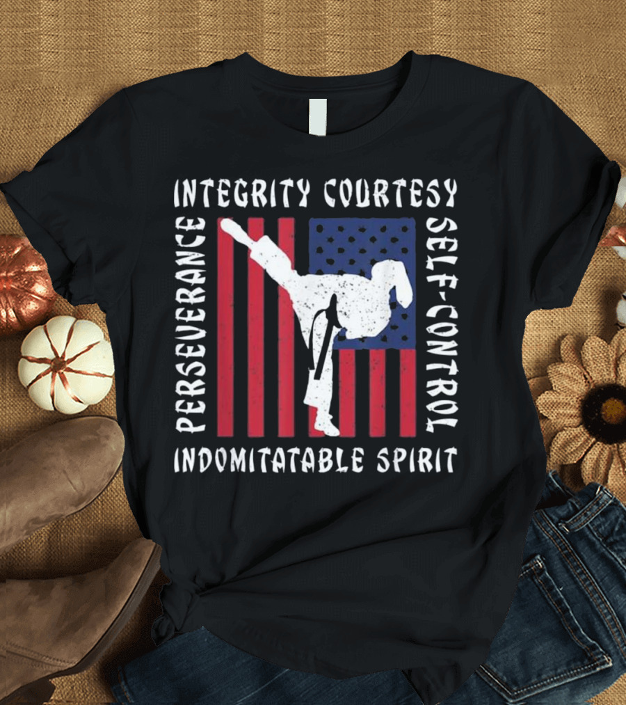 Taekwondo Perseverance Integrity Courtesy Self-Control Indomitable Spirit American Flag T-Shirt