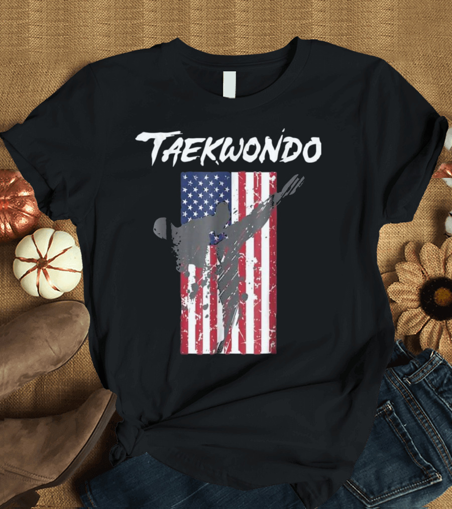 Taekwondo Sparring with American Flag Background Emblem T-Shirt