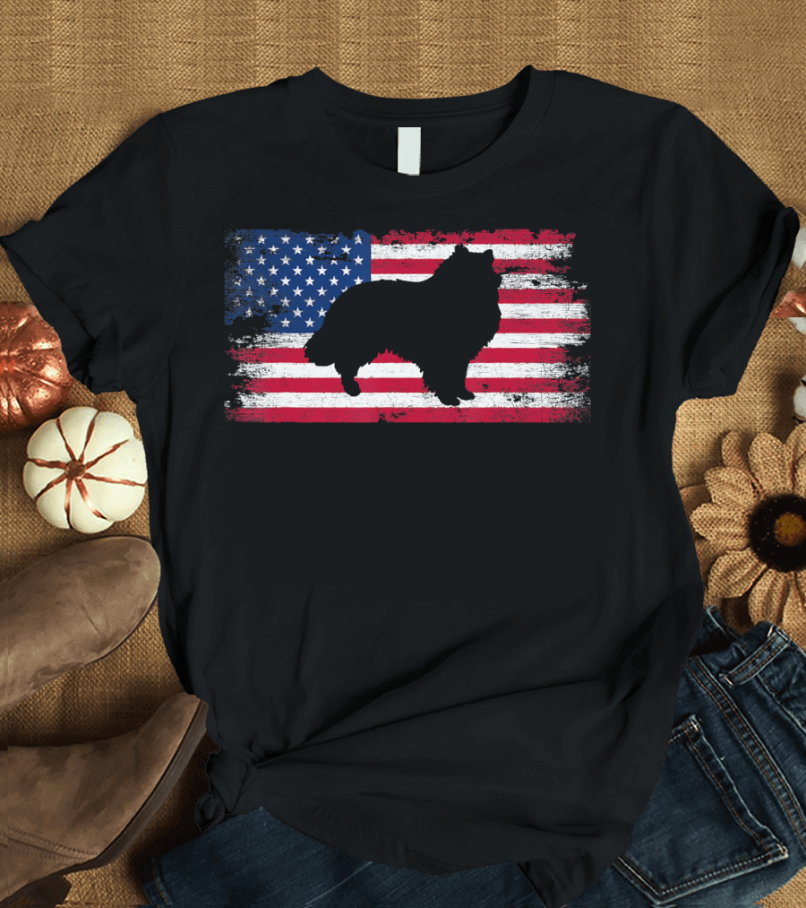 Vintage American Eskimo Silhouette Over American Flag T-Shirt