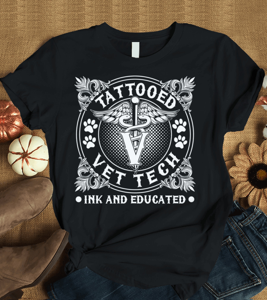 Tattooed Vet Tech Inked and Educated Winged Veterinary Symbol with Paw Prints T-Shirt